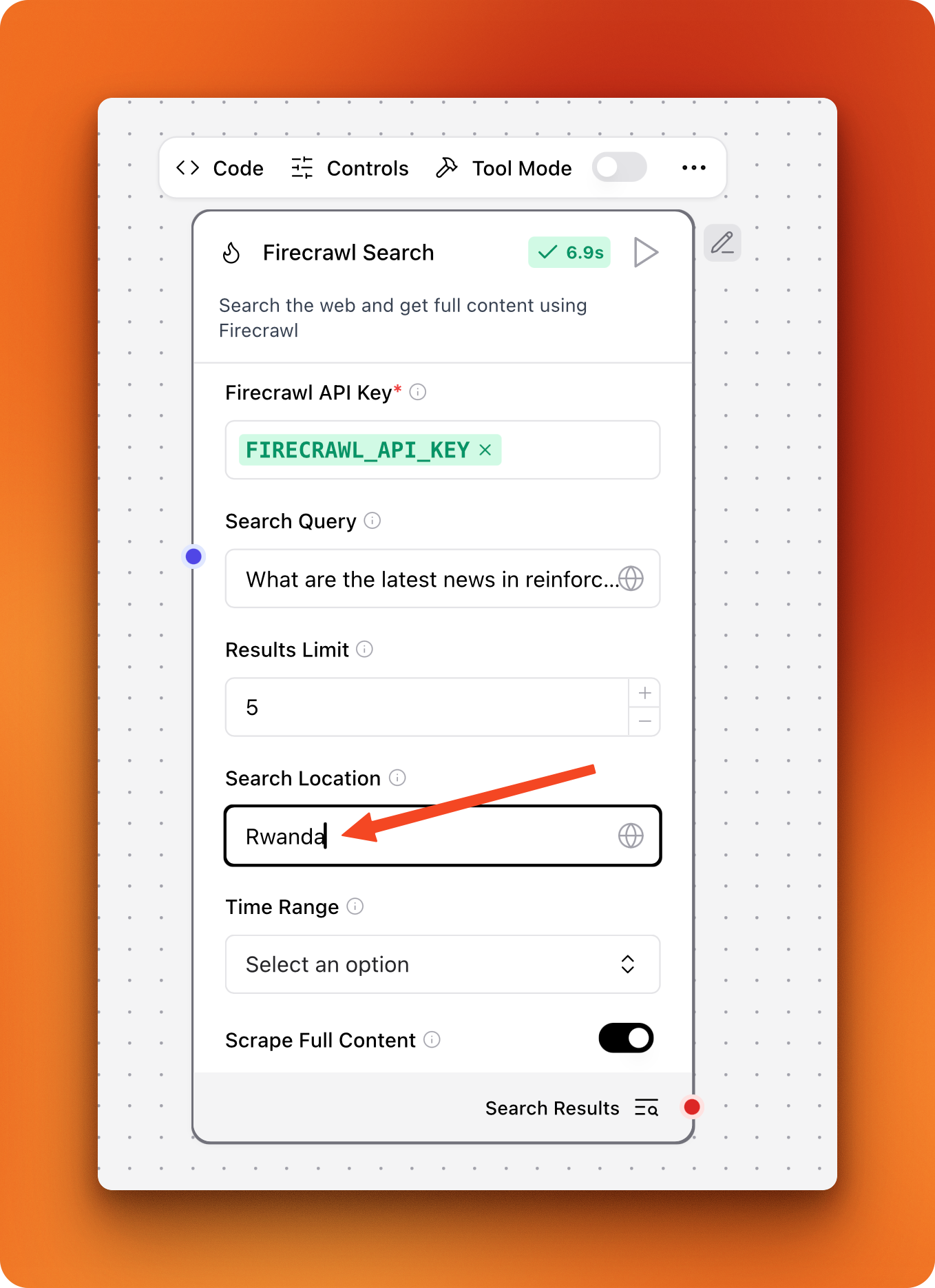 Screenshot of LangFlow component with expanded advanced controls showing location, time range, and content scraping options
