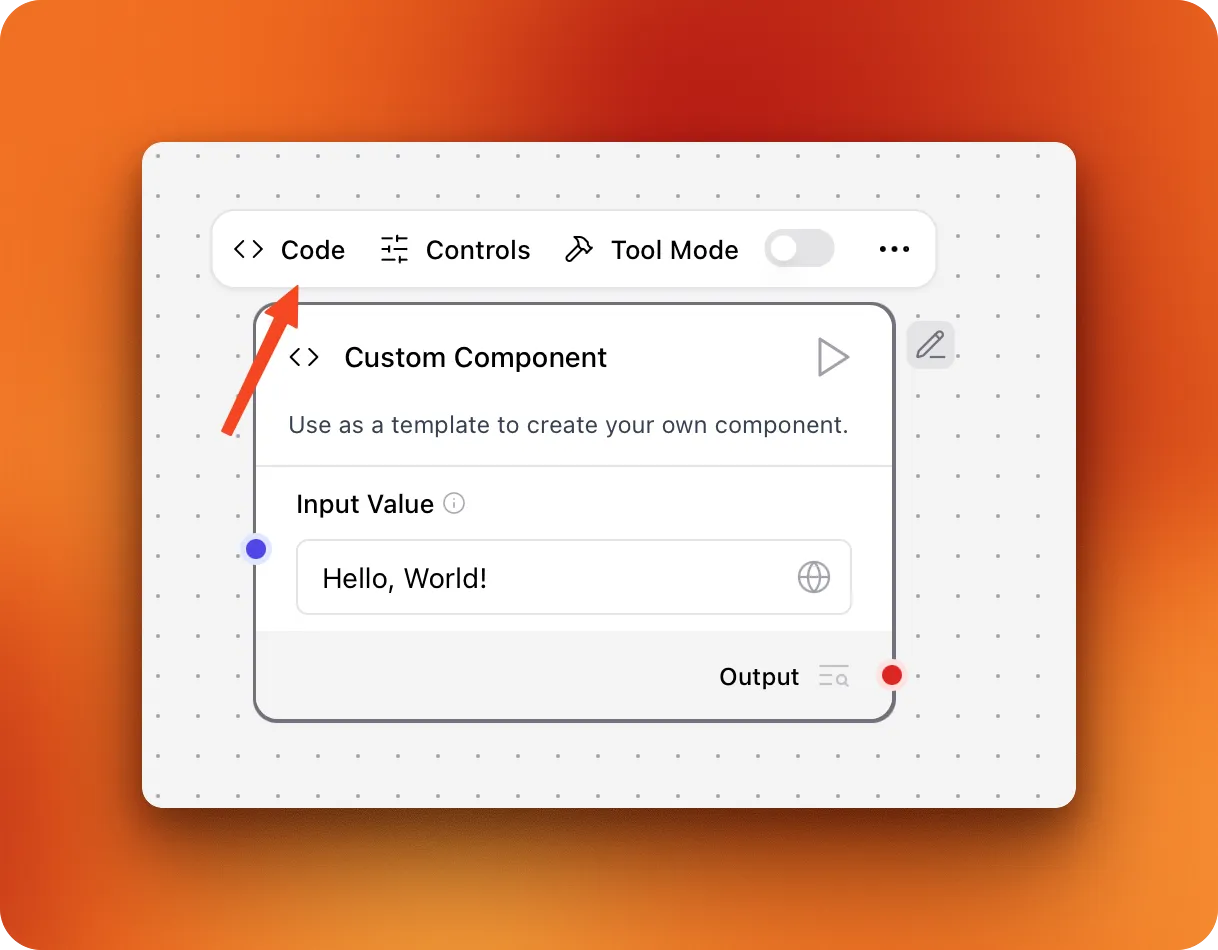 Screenshot of LangFlow interface showing the "Create new component" button at the bottom of the sidebar