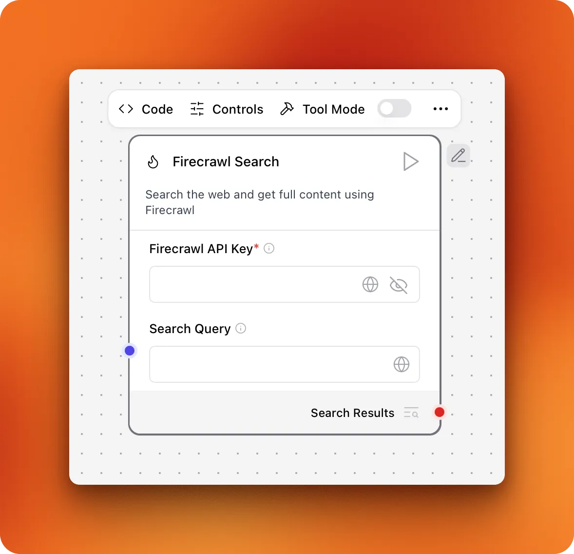 Screenshot of the Firecrawl Search component ready to use in the LangFlow canvas with input fields for API key and search query