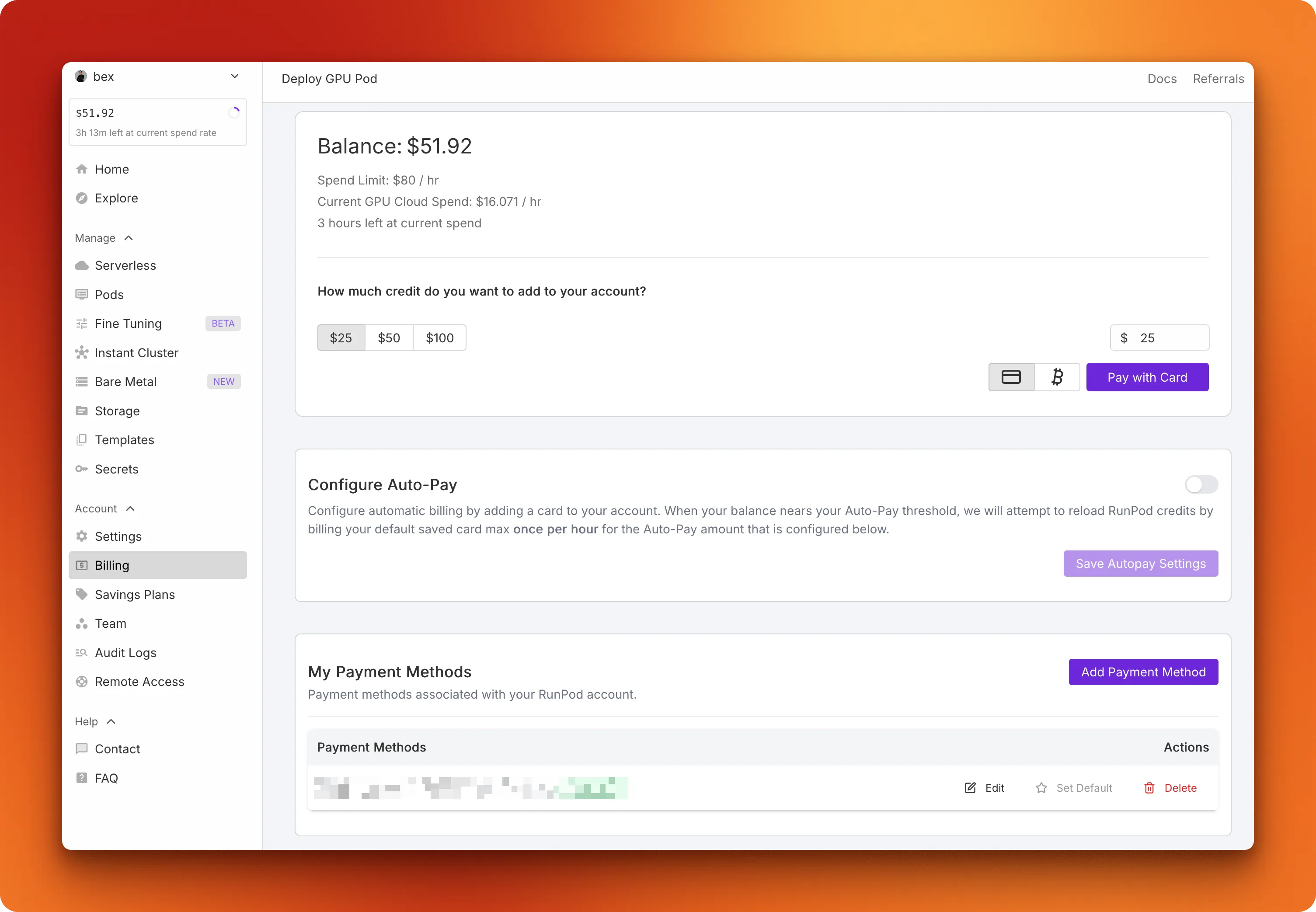 RunPod billing page showing how to add funds to your account