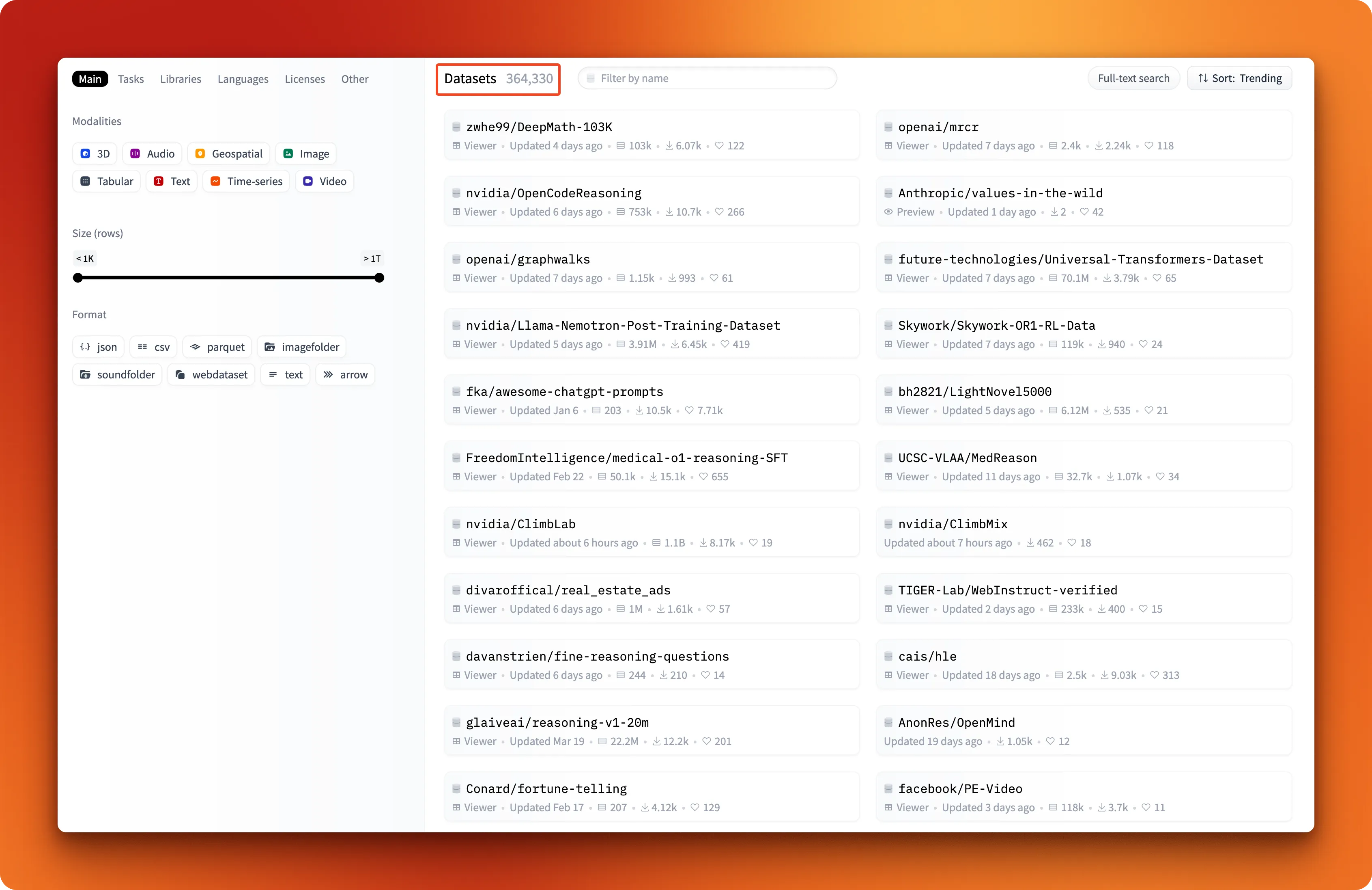 Screenshot of the Hugging Face datasets page showing various available datasets for fine-tuning language models