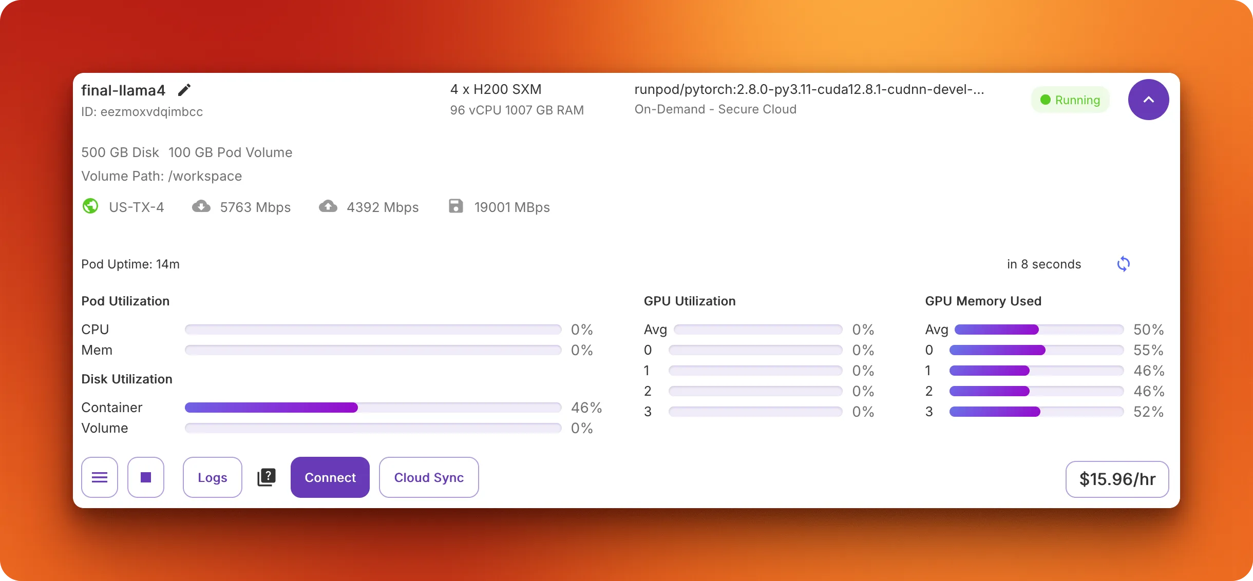 Screenshot of RunPod interface showing active pods with GPU instances ready for fine-tuning