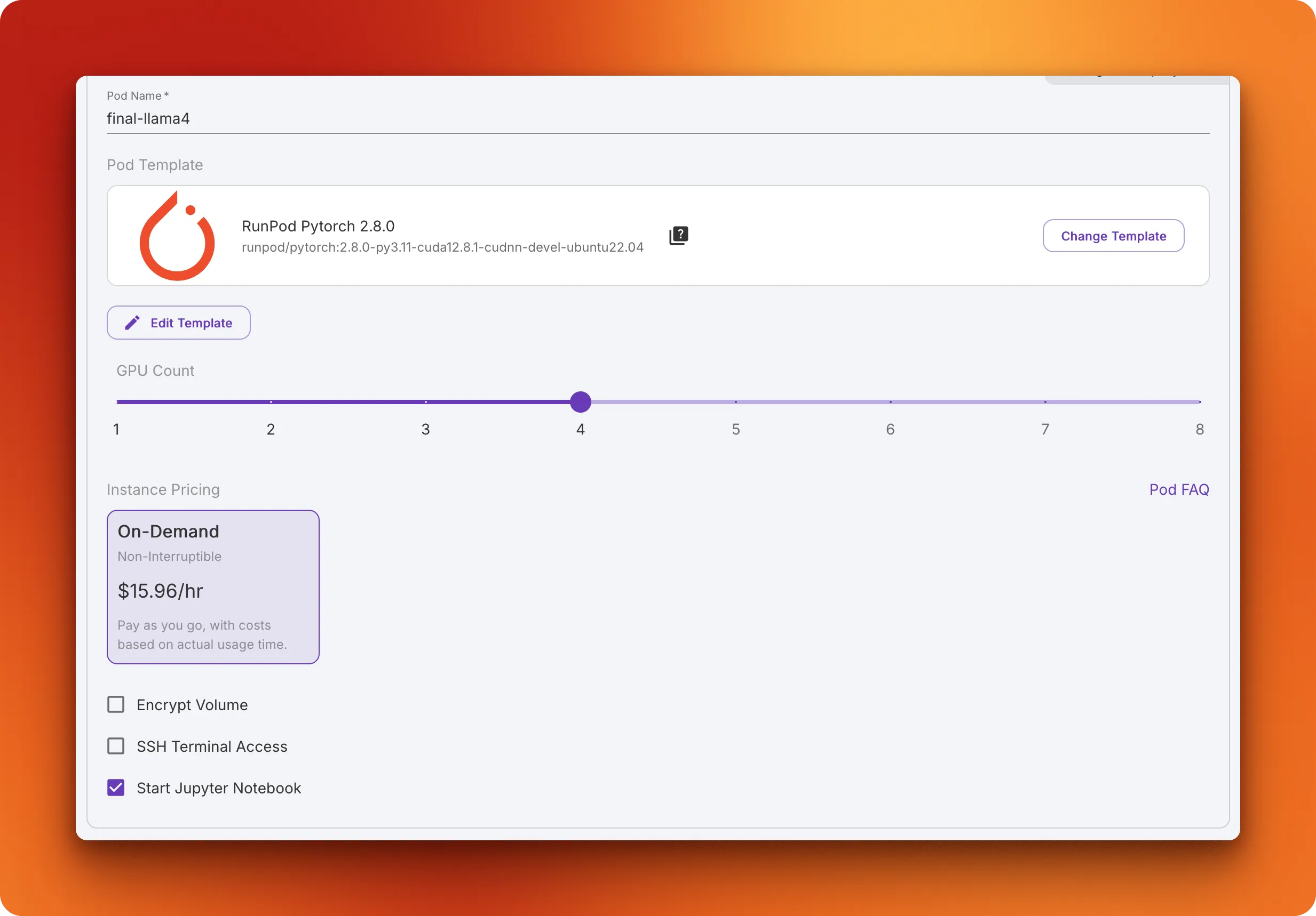 Screenshot of RunPod configuration interface showing GPU selection and deployment options for Llama 4 fine-tuning