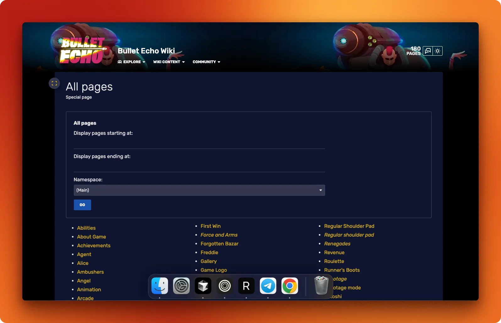 Screenshot of the Bullet Echo Fandom wiki homepage showing the game's knowledge base with various article categories and navigation elements