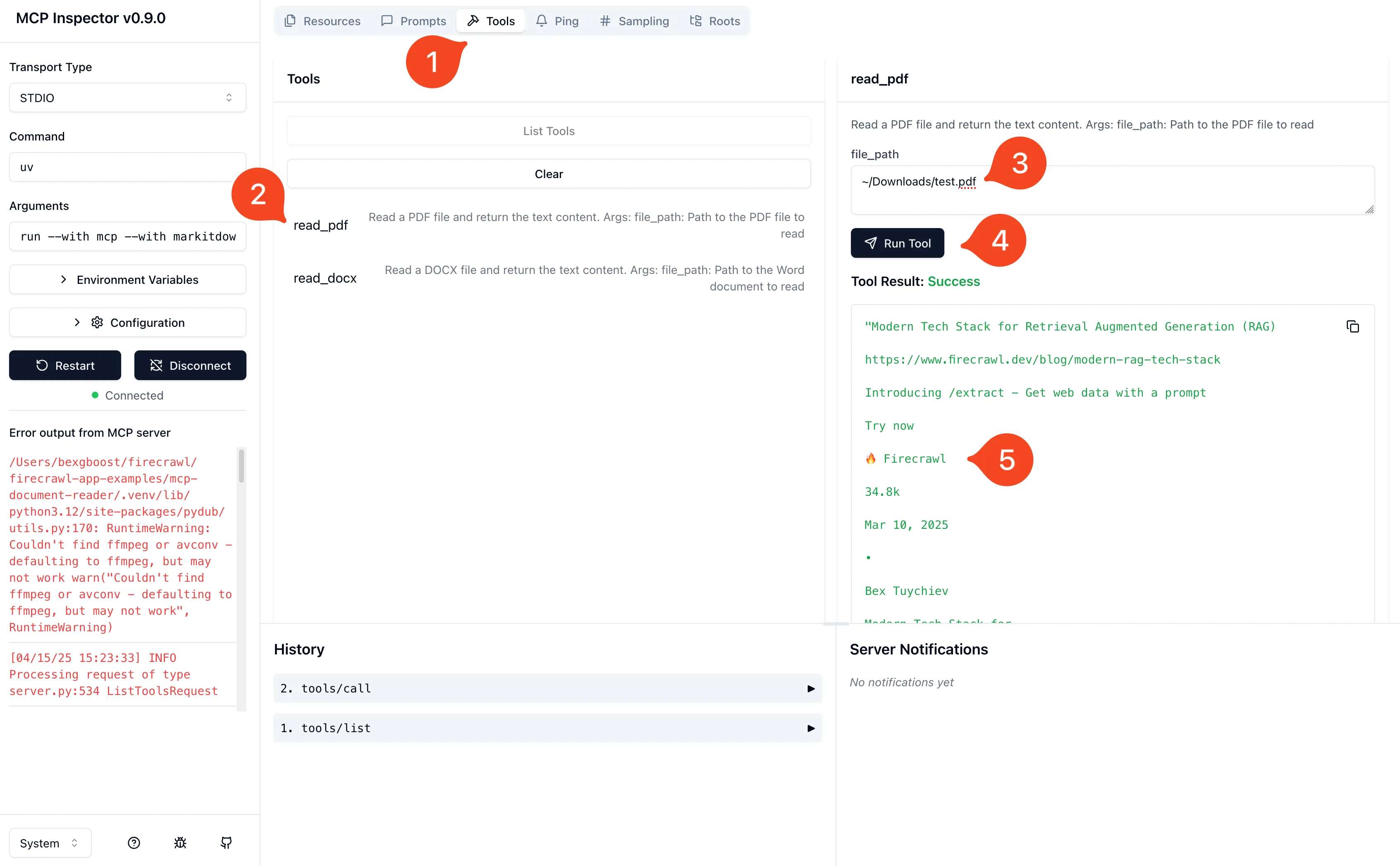 MCP Inspector interface showing available document reader tools with read_pdf and read_docx functions for testing PDF and Word document extraction capabilities