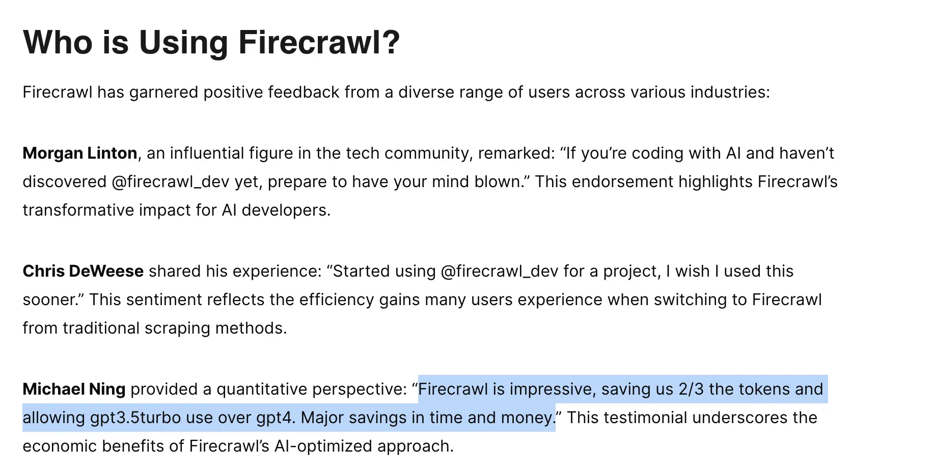 Quote from Michael Ning praising Firecrawl for saving tokens, time, and money with an AI-optimized approach.