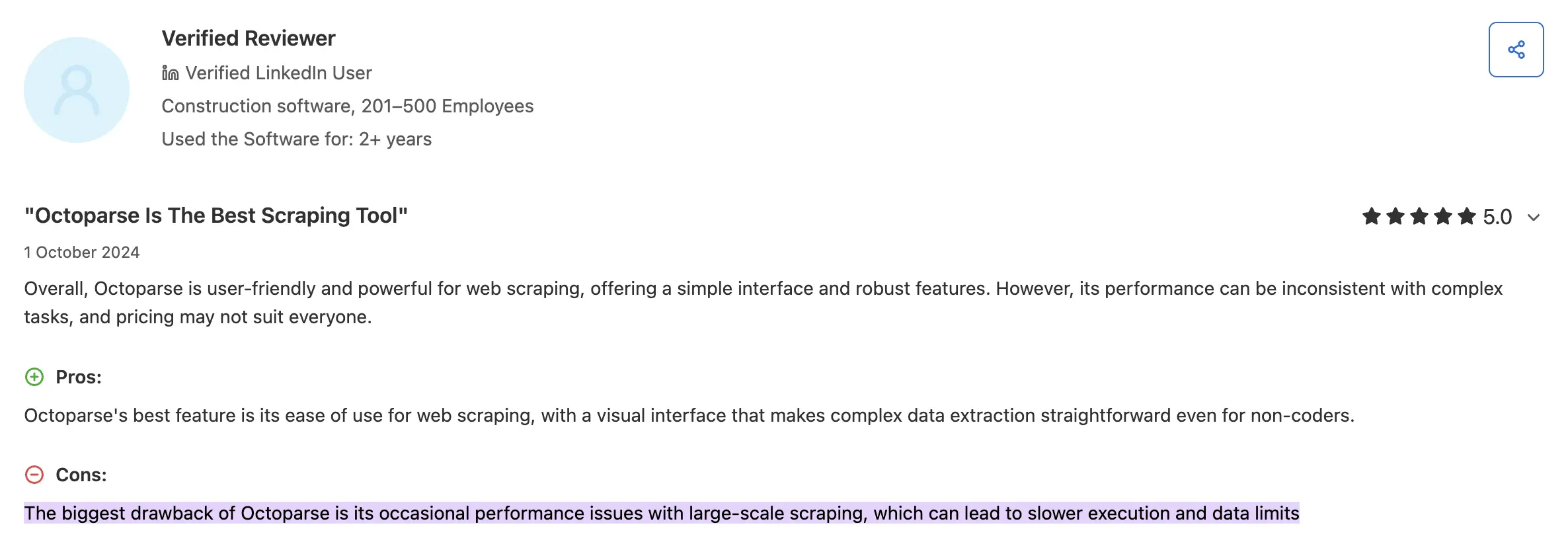 A Capterra review on Octoparse cites "occasional performance issues with large-scale scraping, which can lead to slower execution and data limits."