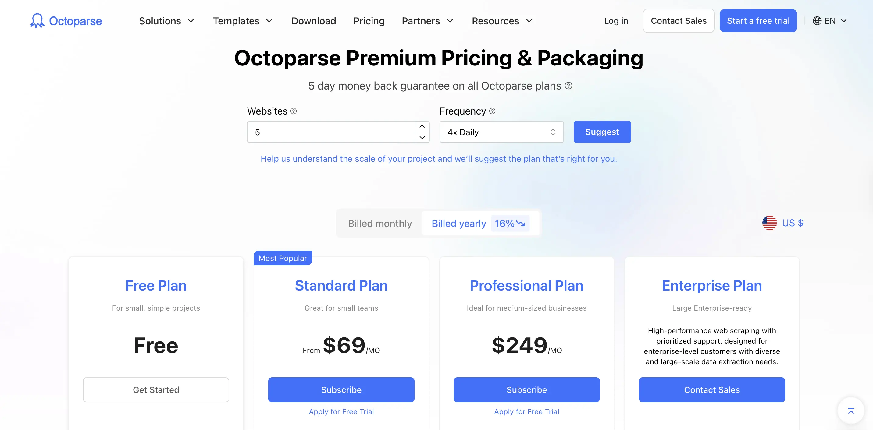 Octoparse pricing plan breakdown as shown on Octoparse's website