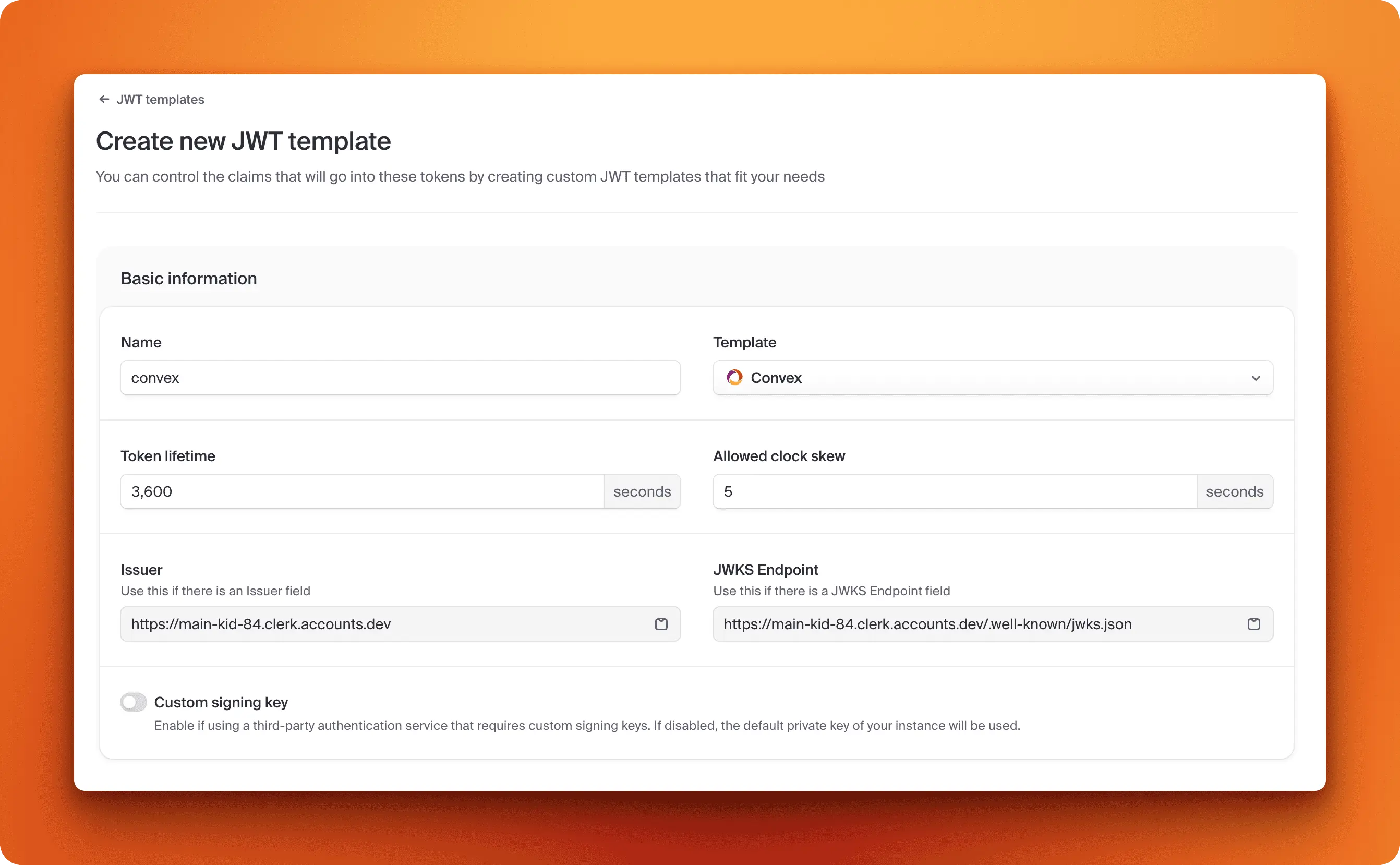 Clerk JWT template configuration page