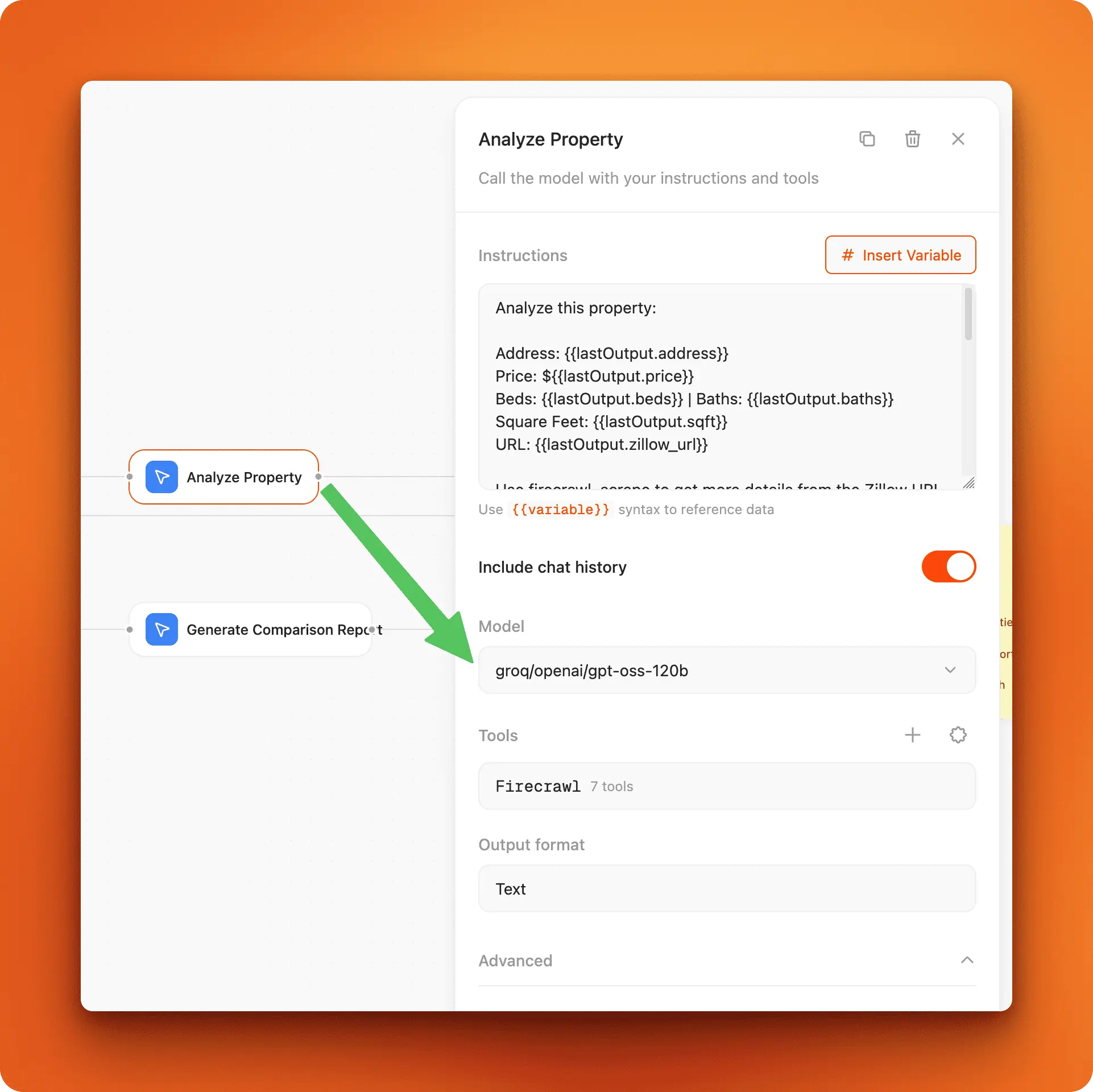 Agent node configuration modal