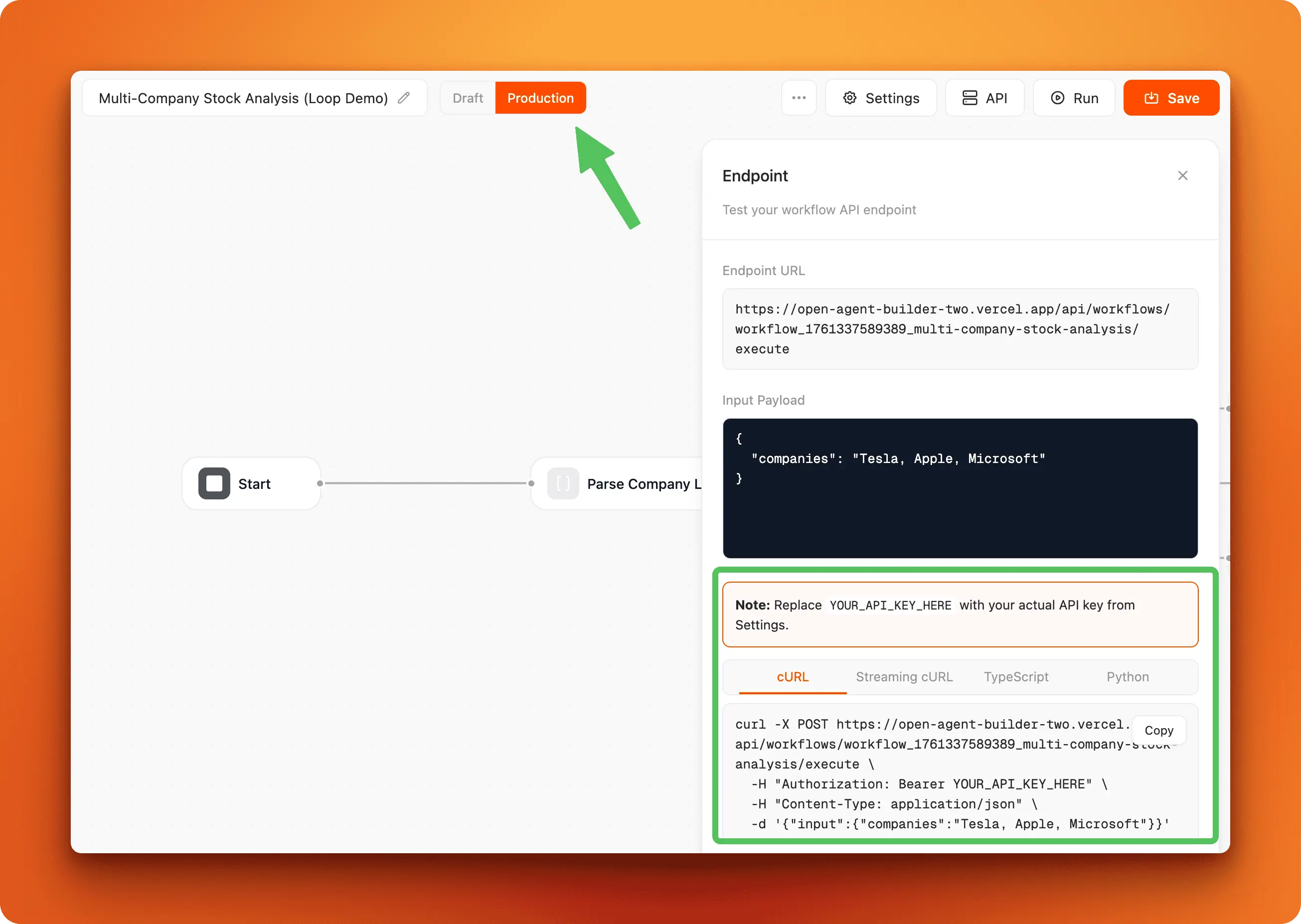 Production API endpoint access
