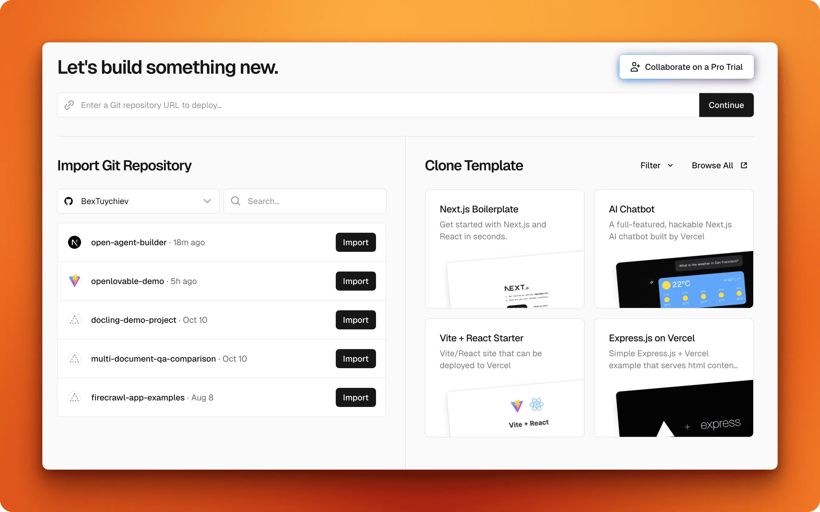 Vercel repository import page