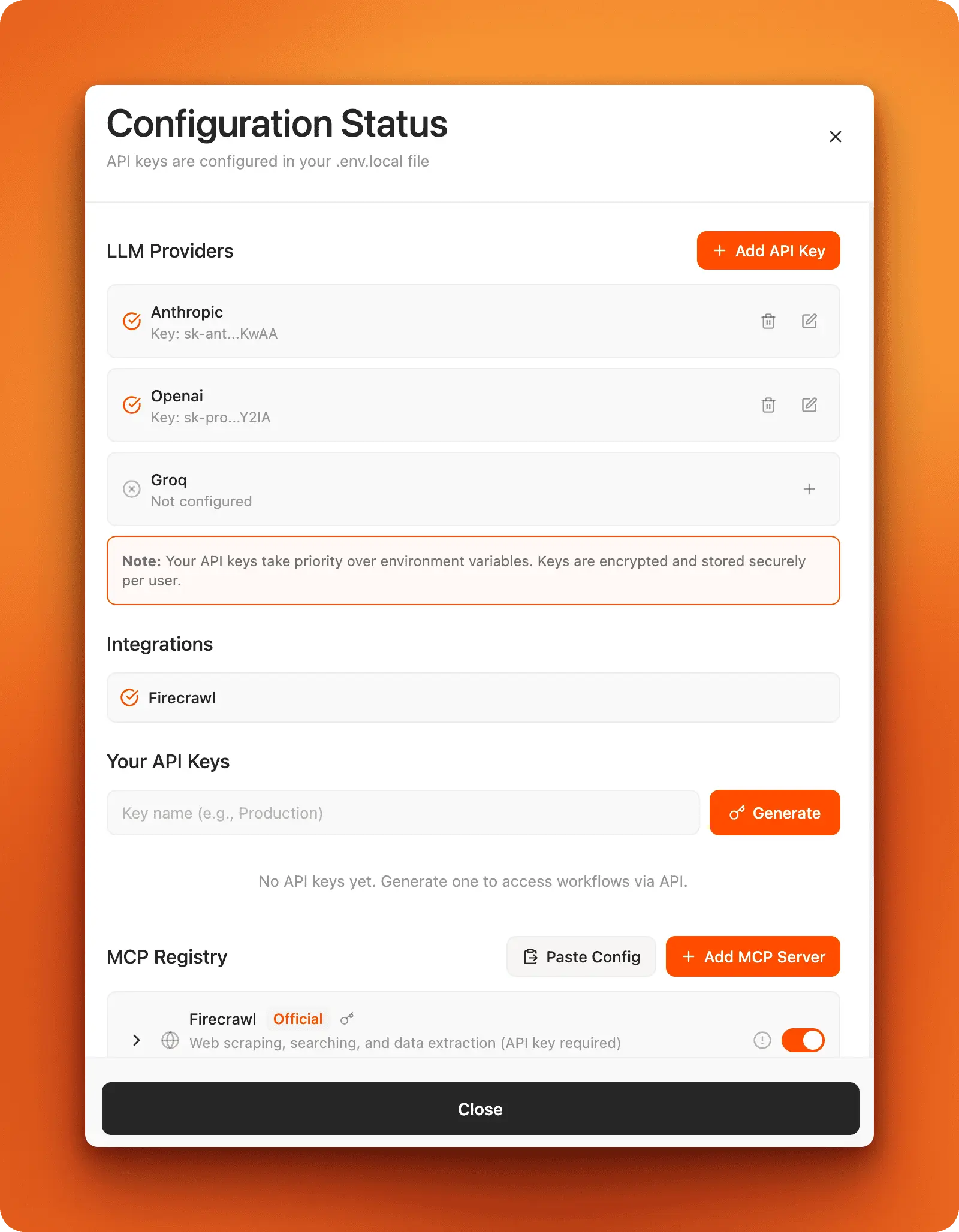 Configuration status showing configured API keys