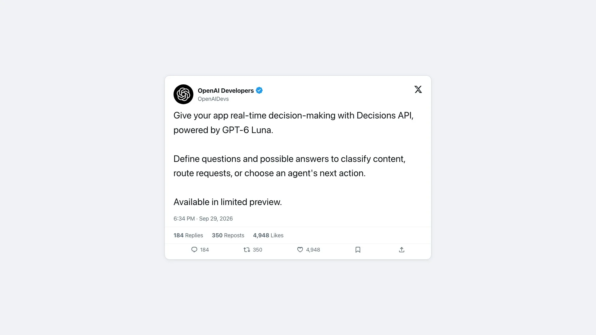 The @OpenAIDevs announcement tweet for the Decisions API, powered by GPT-6 Luna, available in limited preview