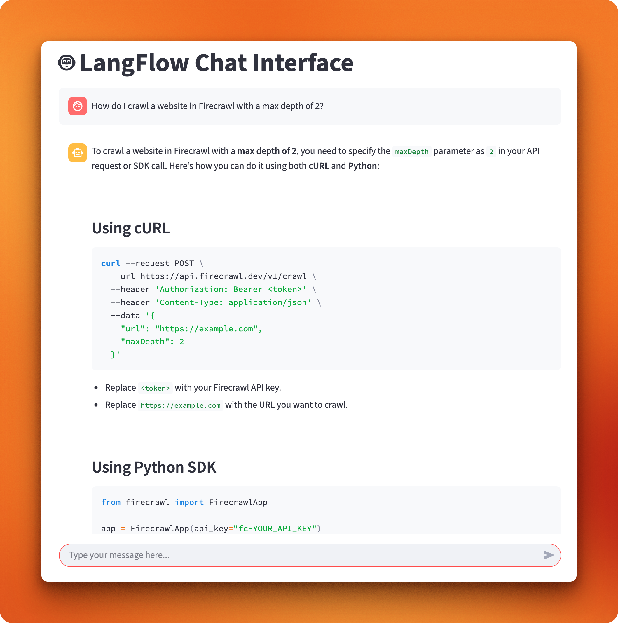 Streamlit chat interface showing a PDF RAG system answering a question about Firecrawl's crawl depth with accurate information retrieved from the documentation