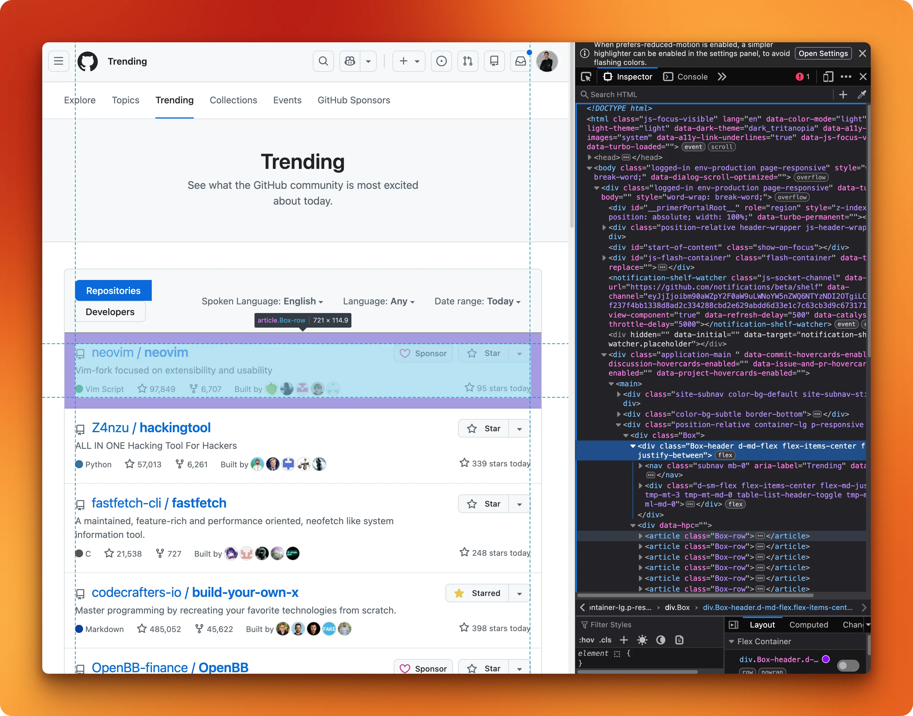DevTools inspector open on GitHub Trending
