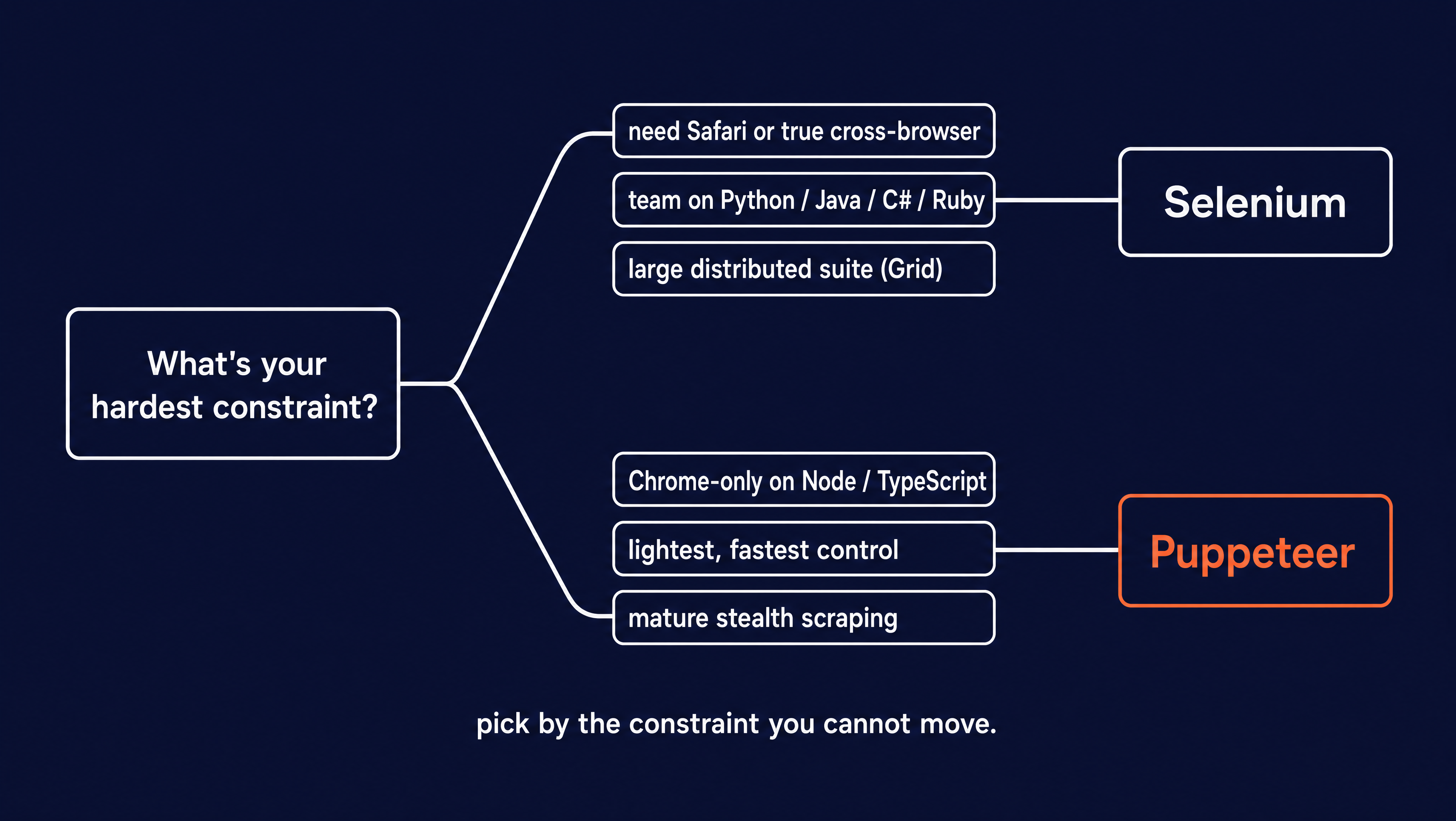 A decision-fork diagram starting from "what's your hardest constraint?" and branching to Selenium (for Safari or cross-browser needs, non-JavaScript teams, or distributed Grid suites) or Puppeteer (for Chrome-only Node work, fastest control, or mature stealth scraping).