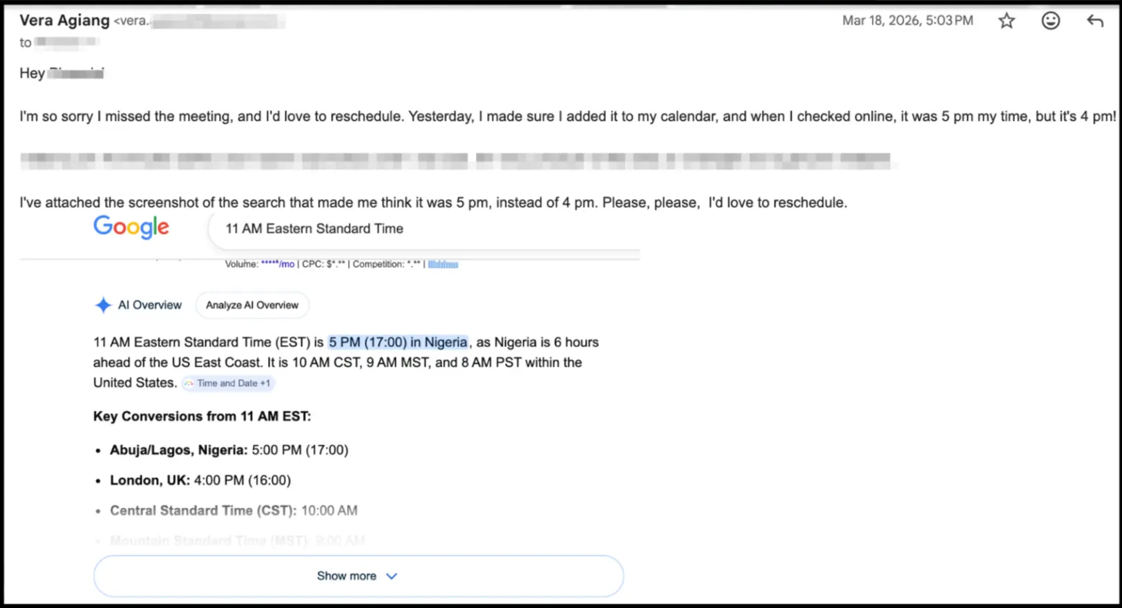 Google AI Overview answering 11 AM EST to Nigeria as 5 PM in March 2026, when the correct answer was 4 PM, because the US had switched to EDT