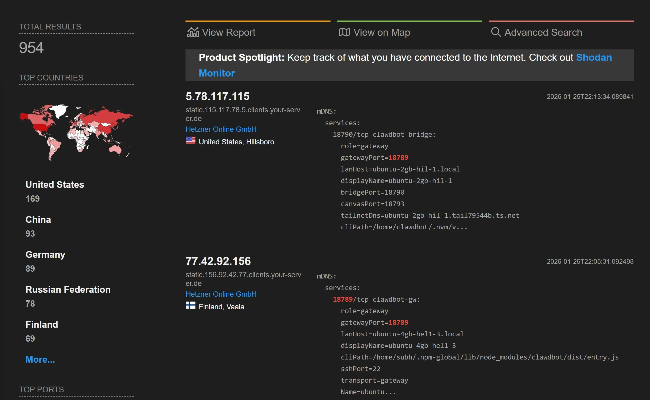 Shodan scan showing nearly 1000 OpenClaw instances running with no authentication on the public internet