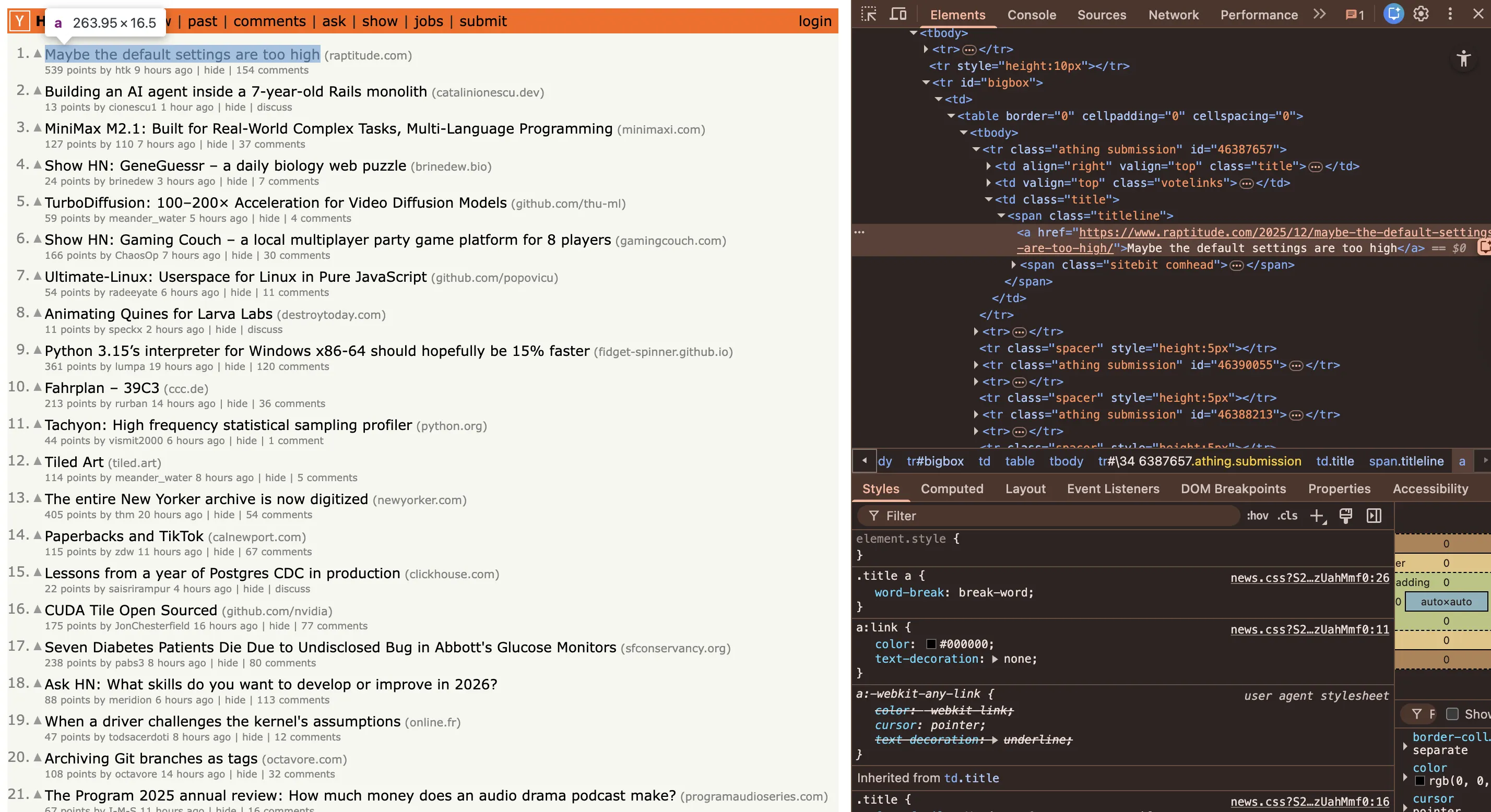 HackerNews homepage with Chrome devtools highlighting anchor tag