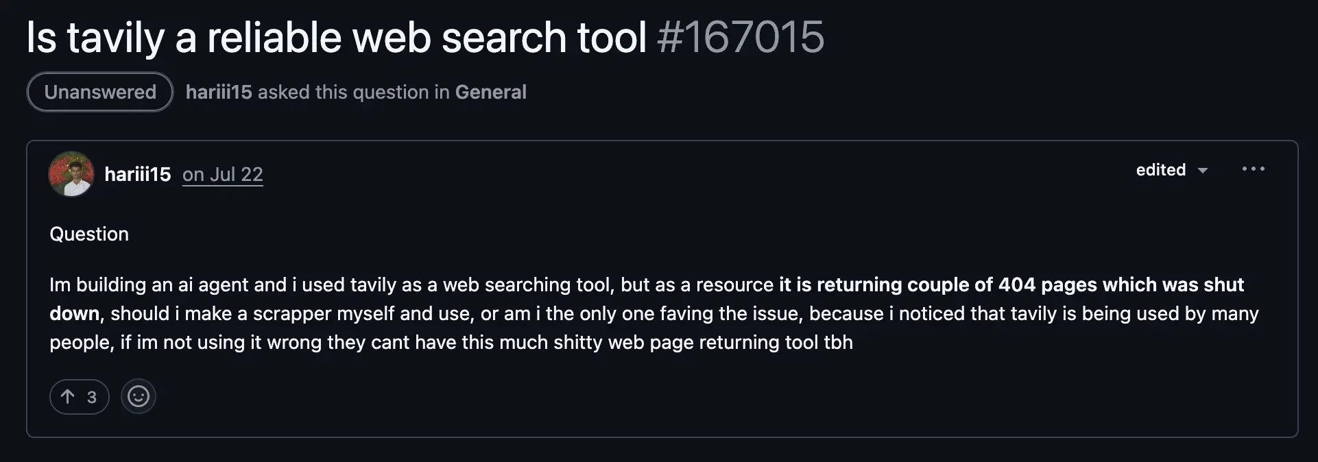 tavily review on github where a user complains about broken links returned by tavily
