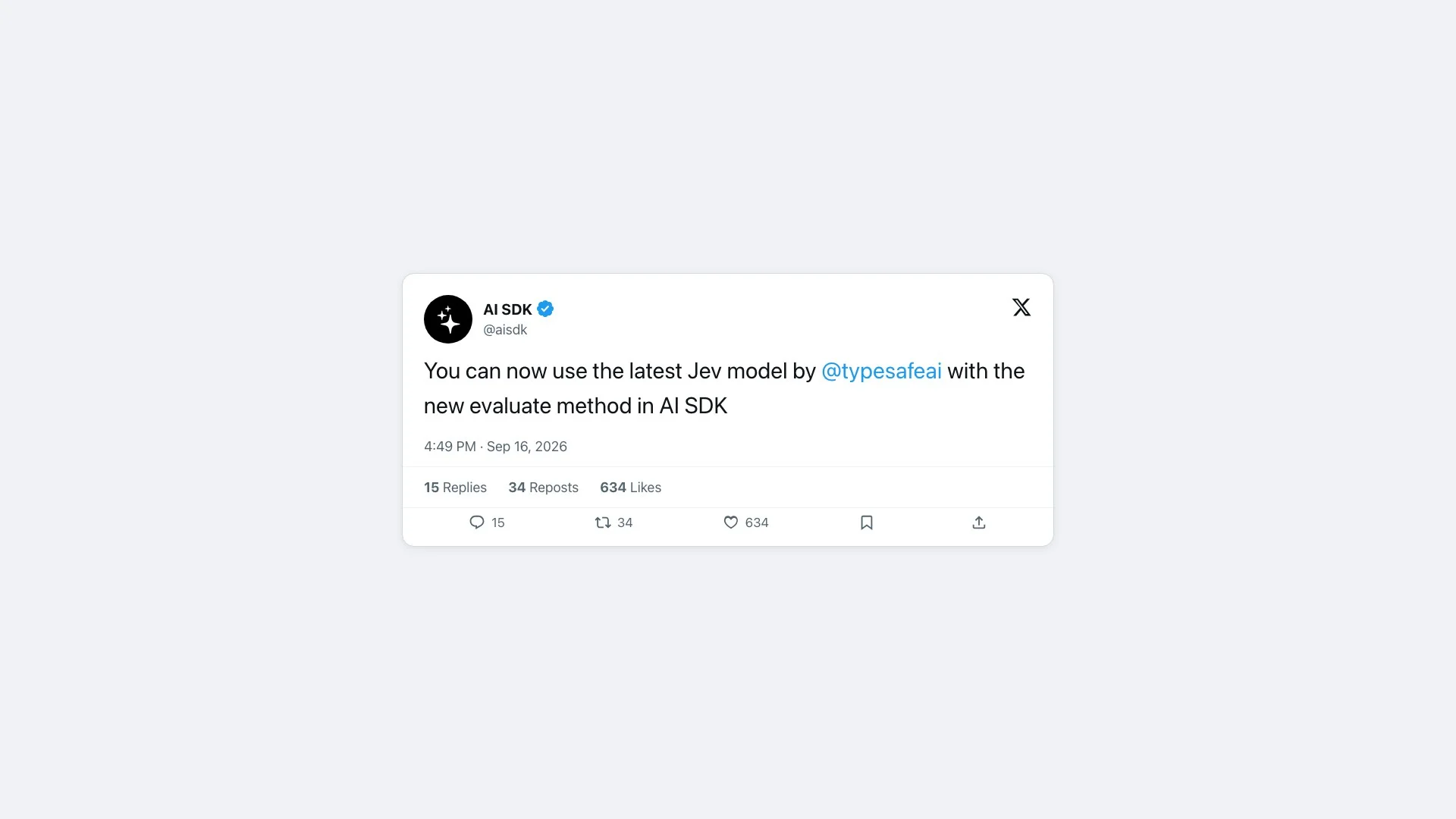 AI SDK's announcement on X that Jev is available through the new evaluate method
