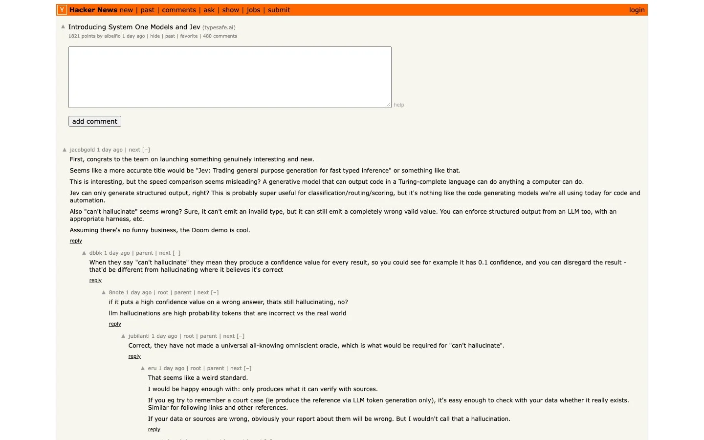 Hacker News thread for Introducing System One Models and Jev at 1,821 points and 480 comments, with the top comment questioning the hallucination claim