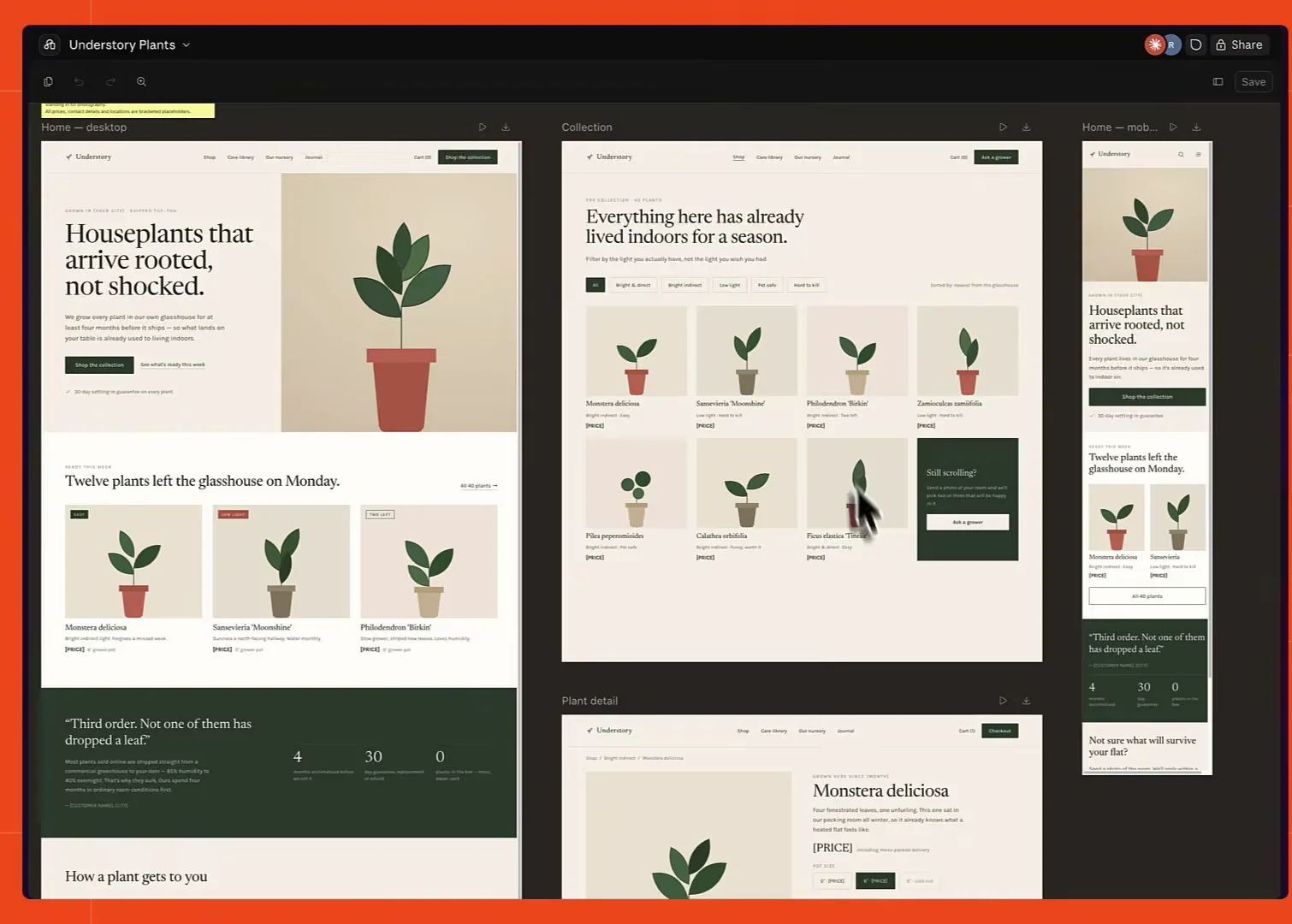 The Claude Design canvas showing several artboards for the houseplant site: a desktop home page, mobile layouts, and separate page designs