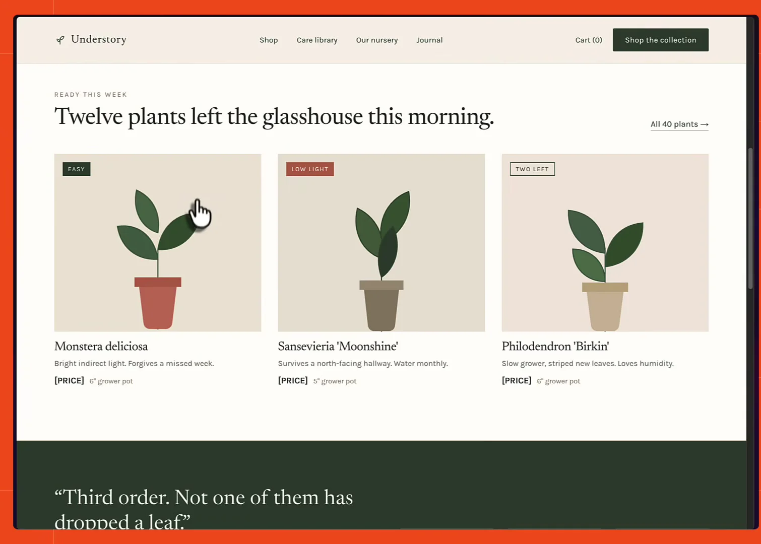 The design-skill site rendered in a browser, with the headline "Twelve plants left the glasshouse this morning" above three plant cards