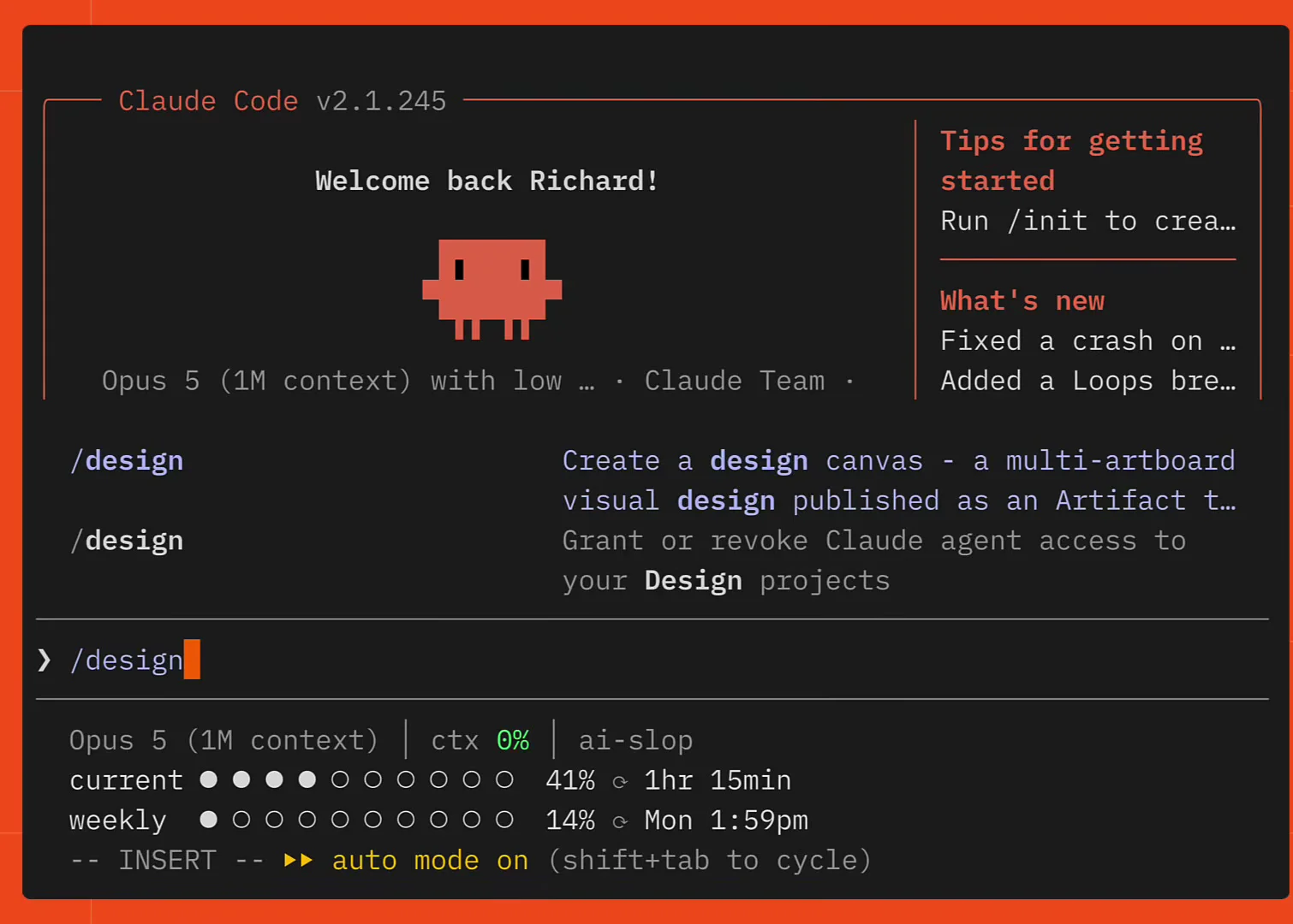 Claude Code with the /design slash command selected in the prompt window, showing its description as a multi-artboard visual design published as an Artifact