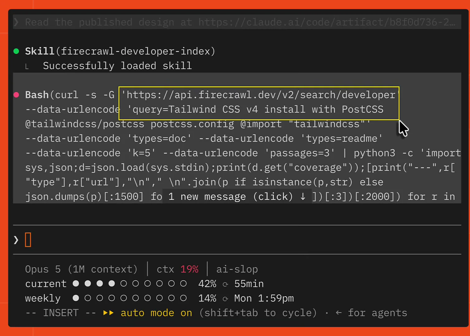 Claude Code loading the firecrawl-developer-index skill and running a curl against api.firecrawl.dev/v2/search/developer with the query "Tailwind CSS v4 install with PostCSS"