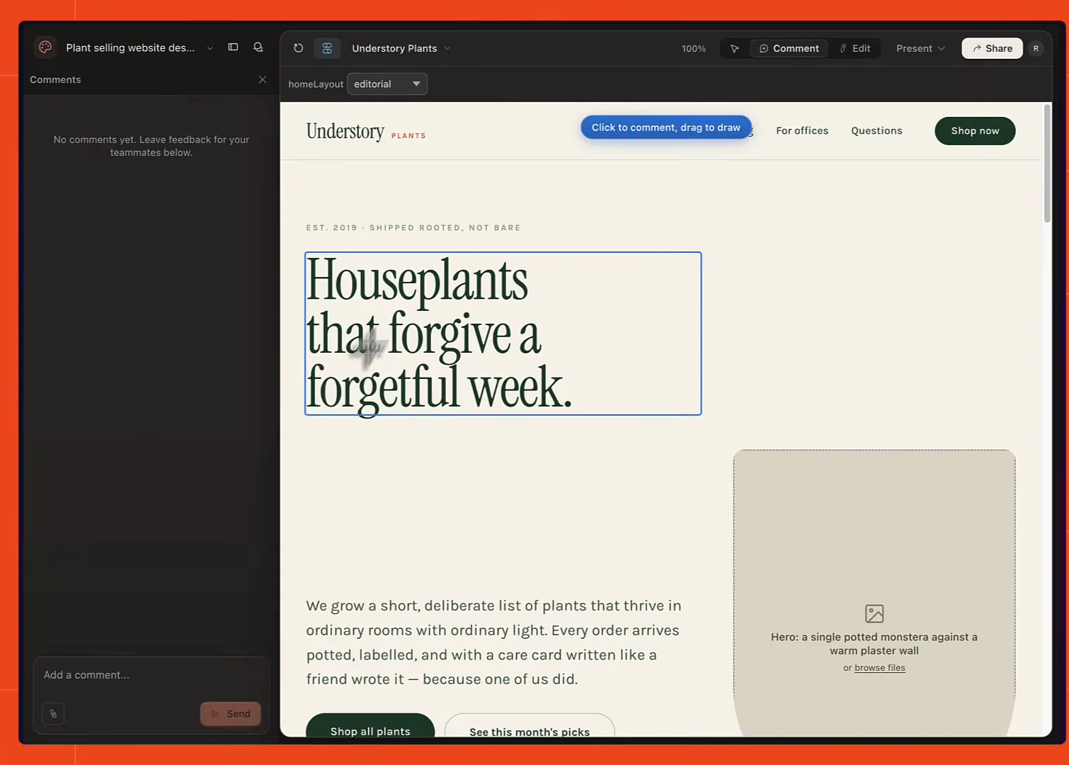 An element selected inside an artboard, with the headline "Houseplants that forgive a forgetful week" highlighted and editable