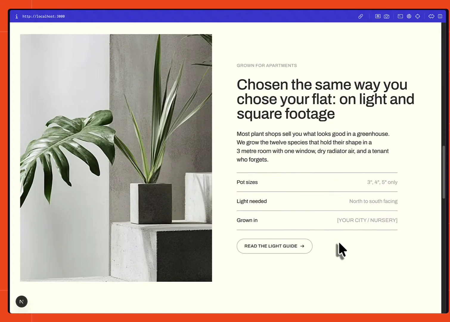 The finished Sill product page, with a photographic plant image beside pot size and light options and a price that follows the selection
