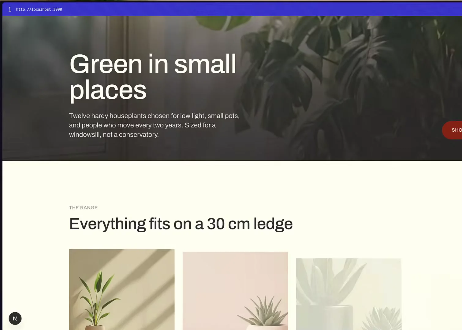 The Firecrawl-assisted version of the plant shop site, a full-bleed photographic hero reading "Green in small places" over a sunlit plant image