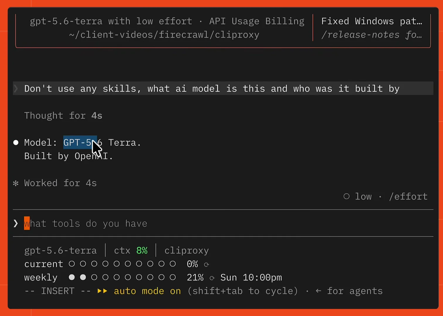 Claude Code running gpt-5.6-terra with low effort, answering "Model: GPT-5.6 Terra. Built by OpenAI." to a prompt asking what model it is