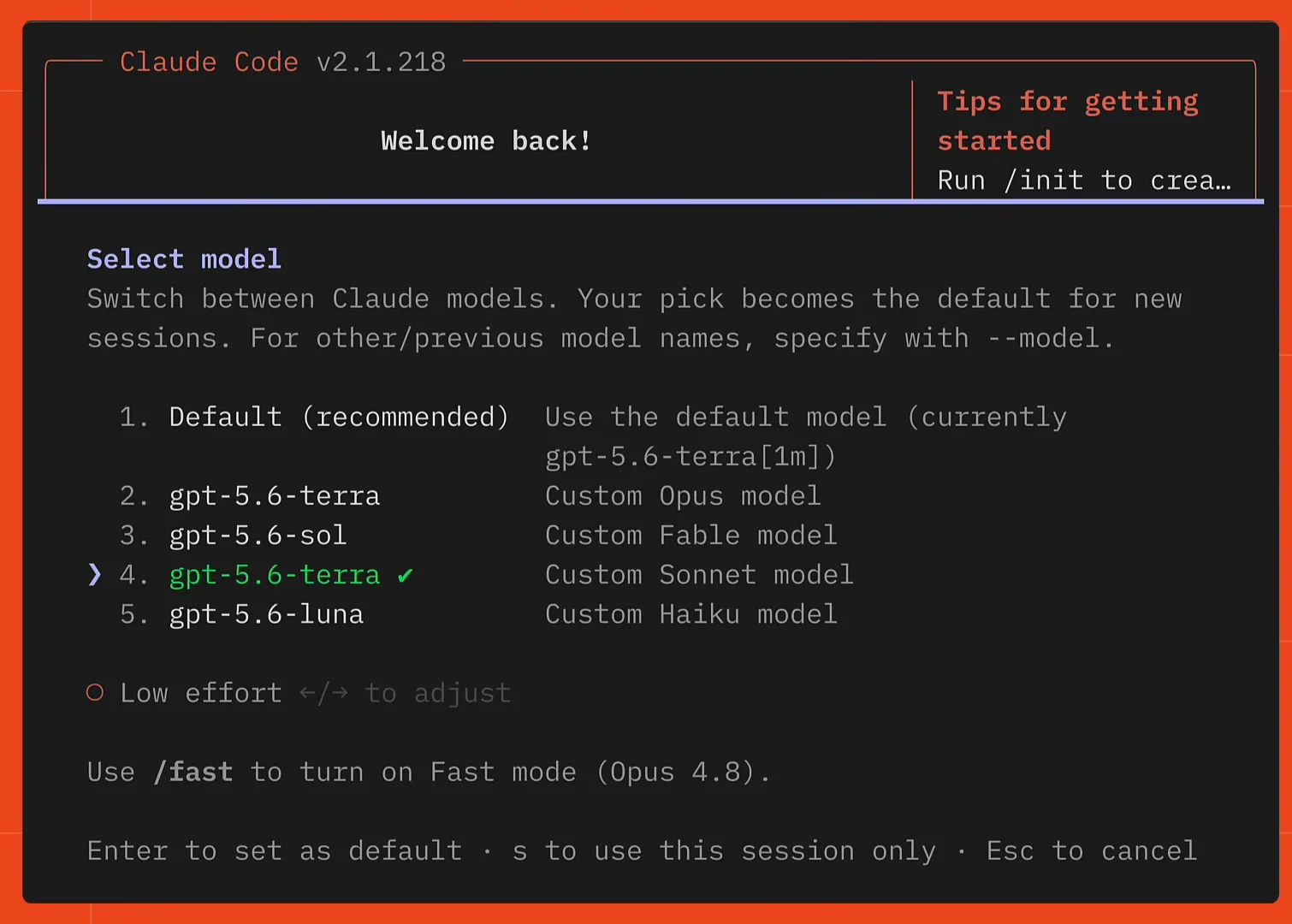 Claude Code's Select model menu listing gpt-5.6-terra as the Custom Opus model, gpt-5.6-sol as the Custom Fable model, gpt-5.6-terra as the Custom Sonnet model, and gpt-5.6-luna as the Custom Haiku model