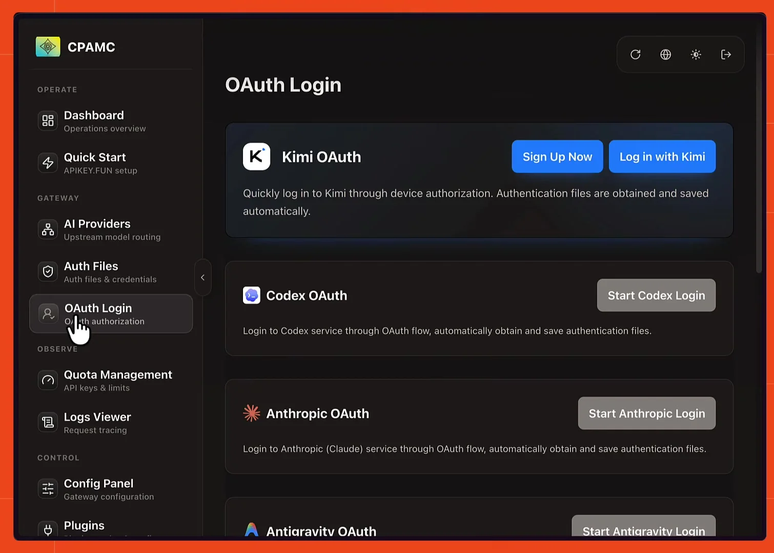 The CLI Proxy API Management Center's OAuth Login page listing Kimi OAuth, Codex OAuth, Anthropic OAuth, and Antigravity OAuth, each with its own login button