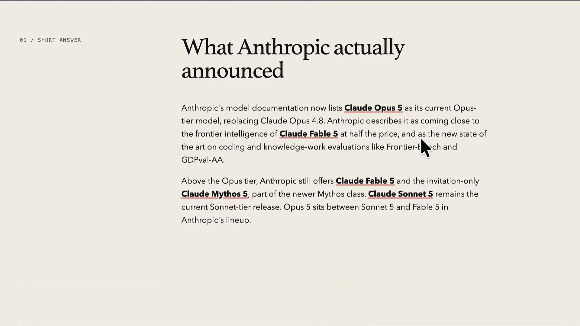 A generated status page titled "What Anthropic actually announced", describing Claude Opus 5 replacing Claude Opus 4.8 and where it sits in Anthropic's lineup