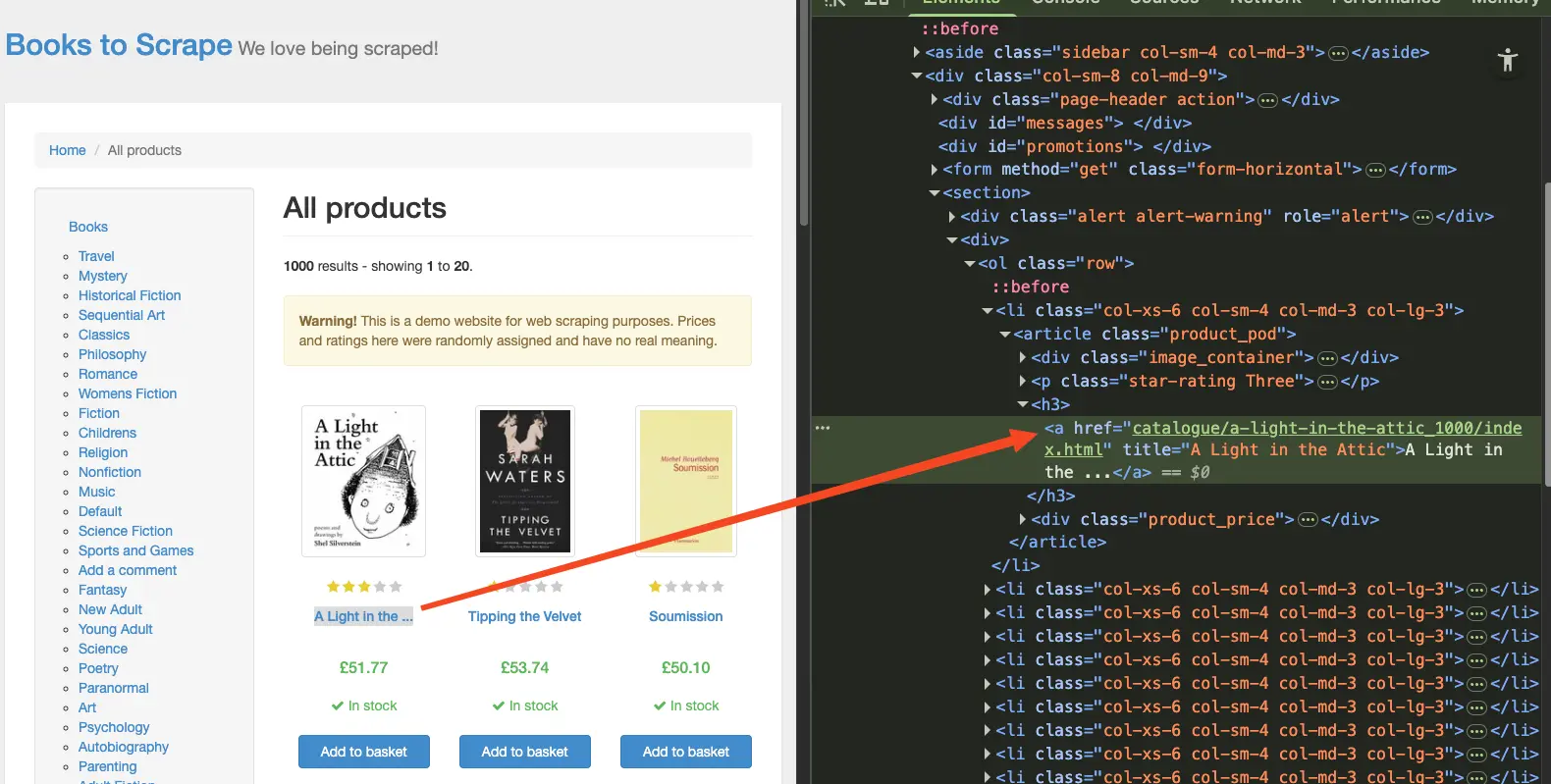 Screenshot: books.toscrape.com with developer tools open, highlighting the title, price, and rating elements