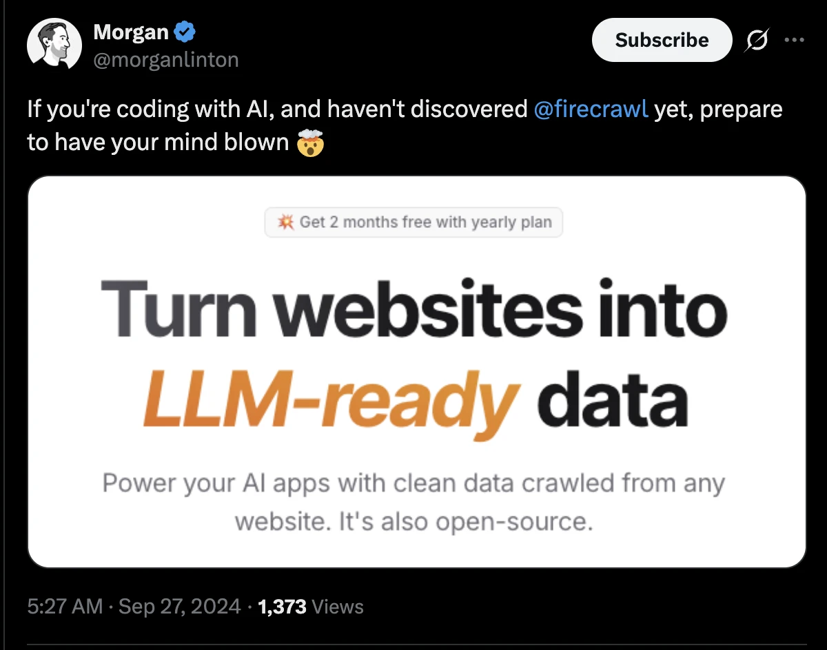 Tweet from Morgan Linton praising Firecrawl with an embedded promotional graphic about turning websites into LLM-ready data