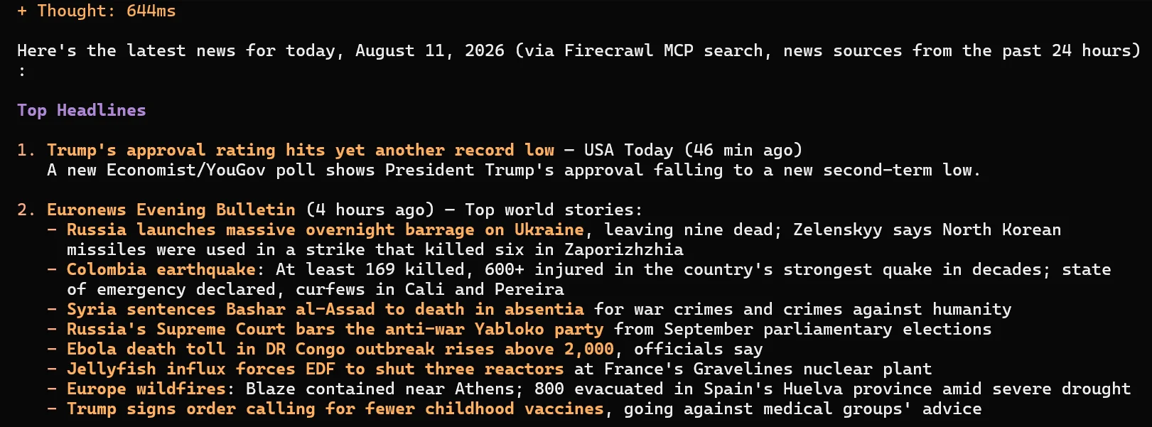 Kimi K3 fetches the latest news using Firecrawl search