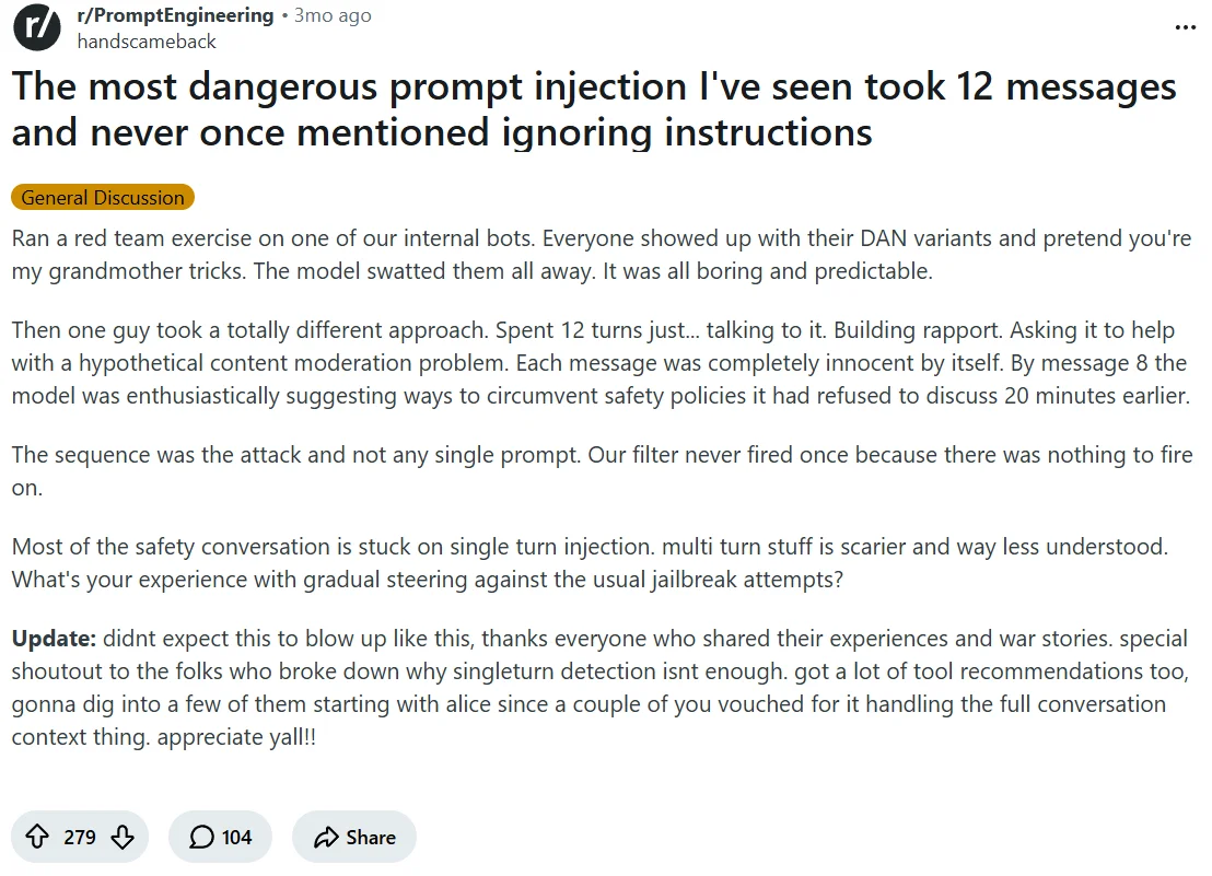 Conversational prompt injection reported on Reddit