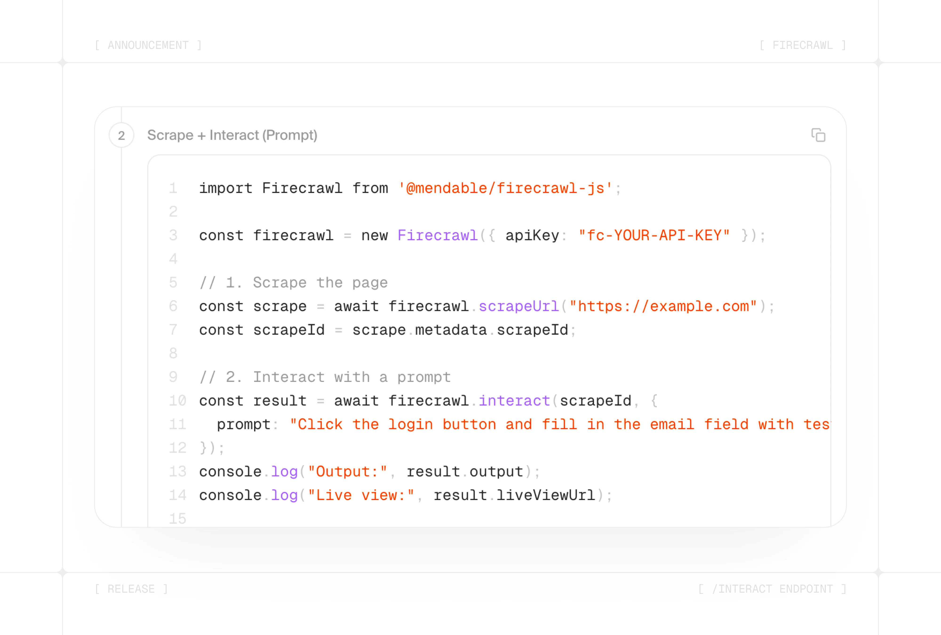 Firecrawl interact endpoint example showing scrape and interact workflow in code